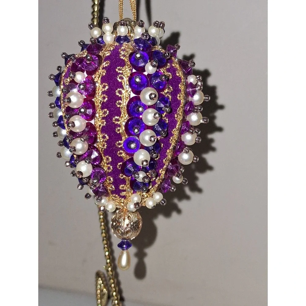 Vintage Handmade Beaded Finial Christmas Ornament Purple Gold Faux Pearl Jeweled